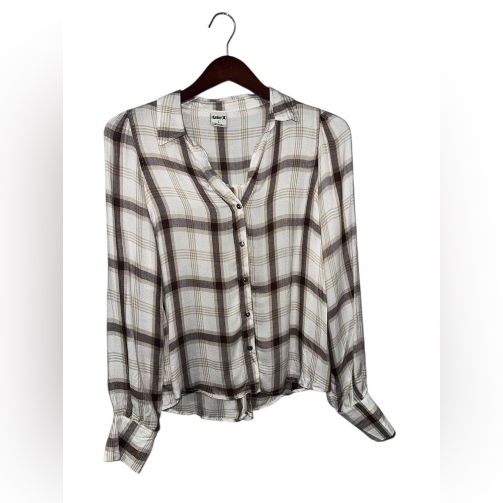 🔥Hurley Cream and Brown Plaid Button-Down Shirt Size Large